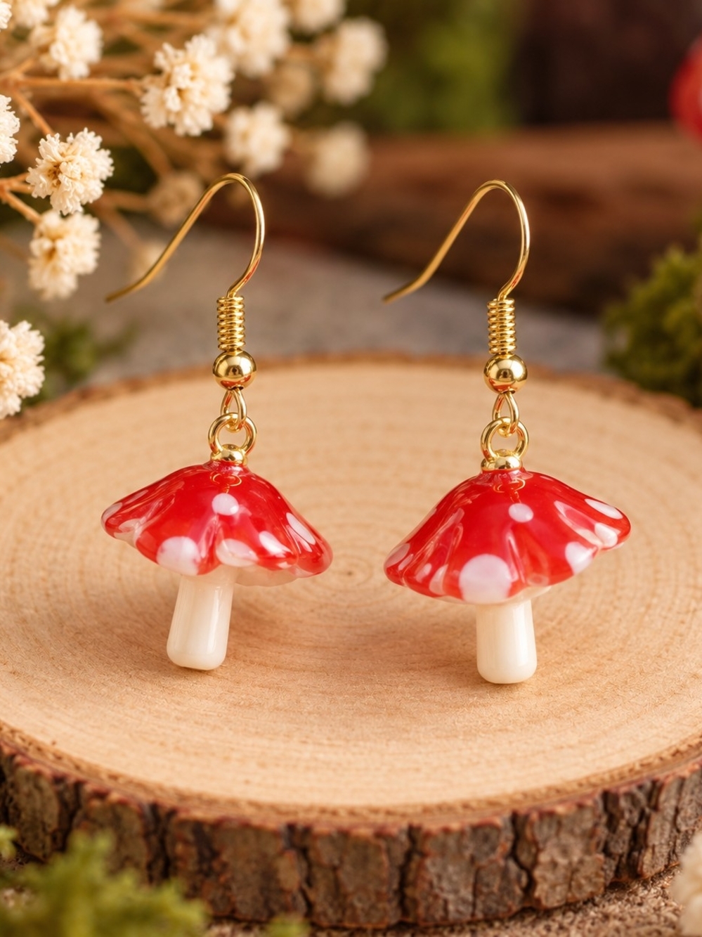 Resin Red Mushroom Dangle Drop Earrings New